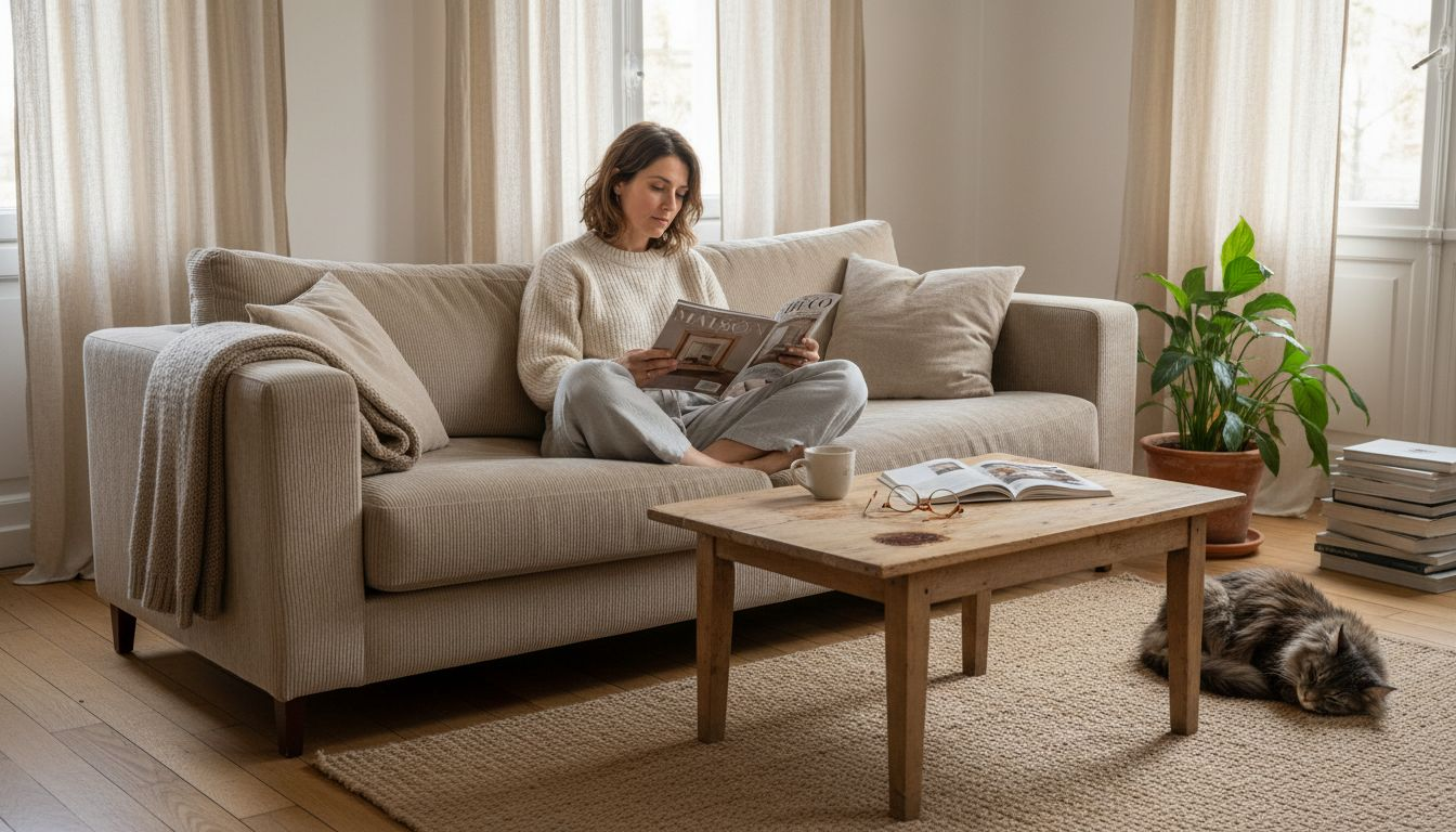 Canapé en velours beige, mis en valeur par une décoration vintage authentique