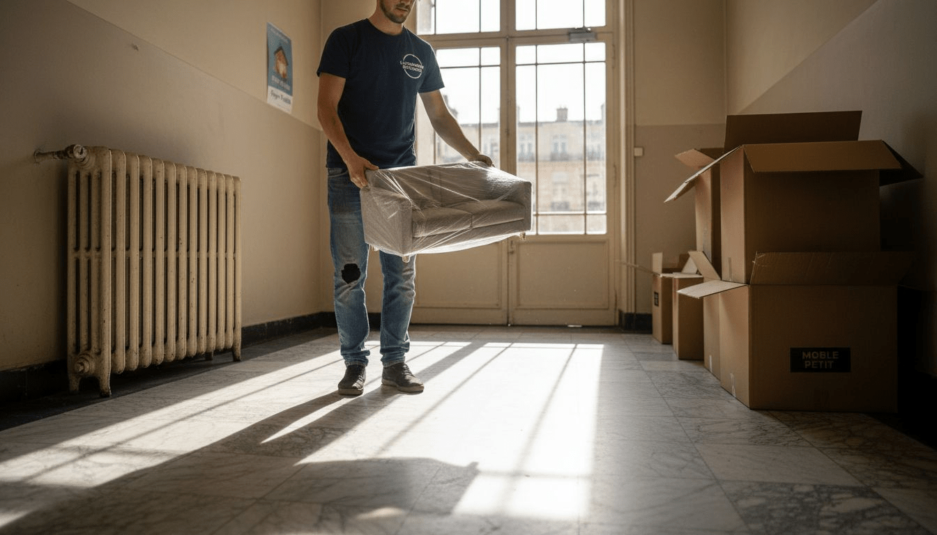 Un livreur apporte un canapé compressé dans le hall d’un immeuble parisien.