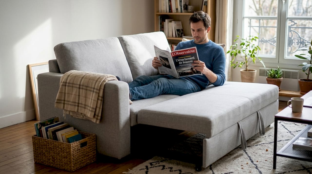 Canapé convertible installé dans un séjour baigné de lumière