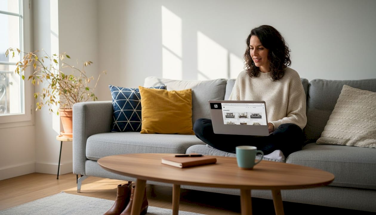 Installée confortablement dans son salon, une femme parcourt les sites de décoration pour trouver le canapé idéal.