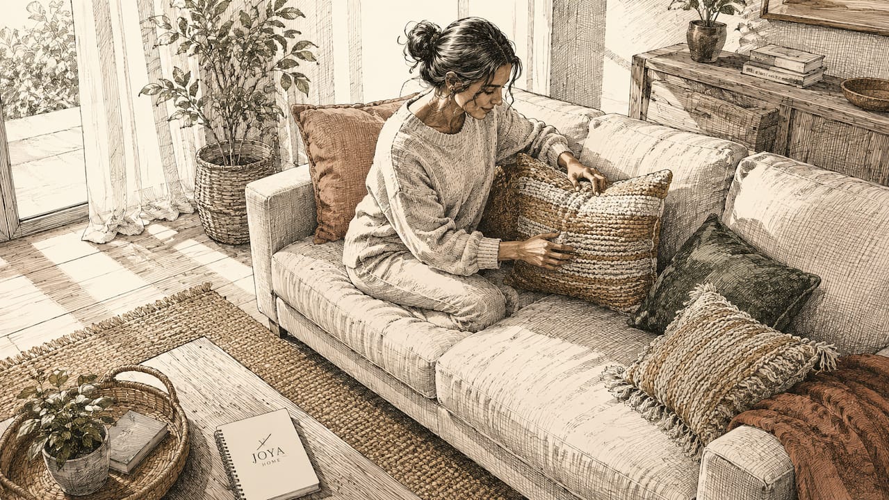 Une femme apporte sa touche personnelle à la décoration d’un salon à la fois moderne et convivial.