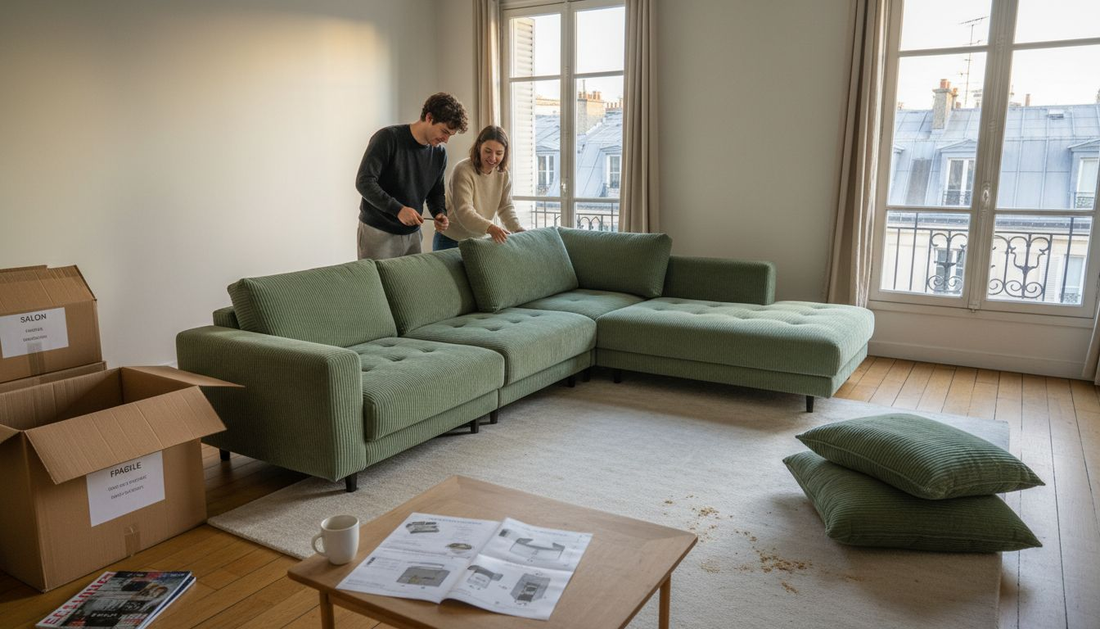 Un couple en train de monter un canapé moderne dans leur salon au style urbain.