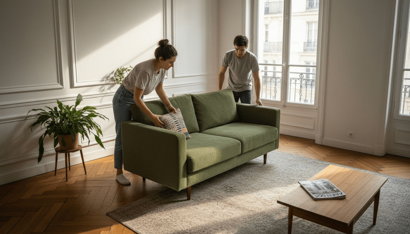 Un petit canapé apporte une touche cosy à ce salon au charme vintage.