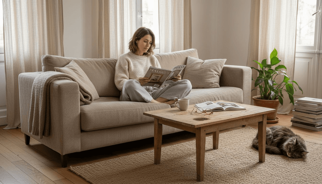Canapé en velours beige, mis en valeur par une décoration vintage authentique