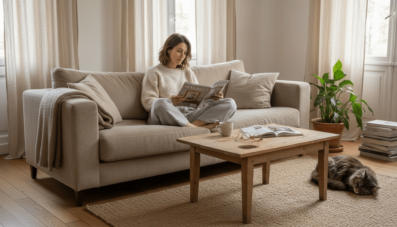 Canapé en velours beige, mis en valeur par une décoration vintage authentique