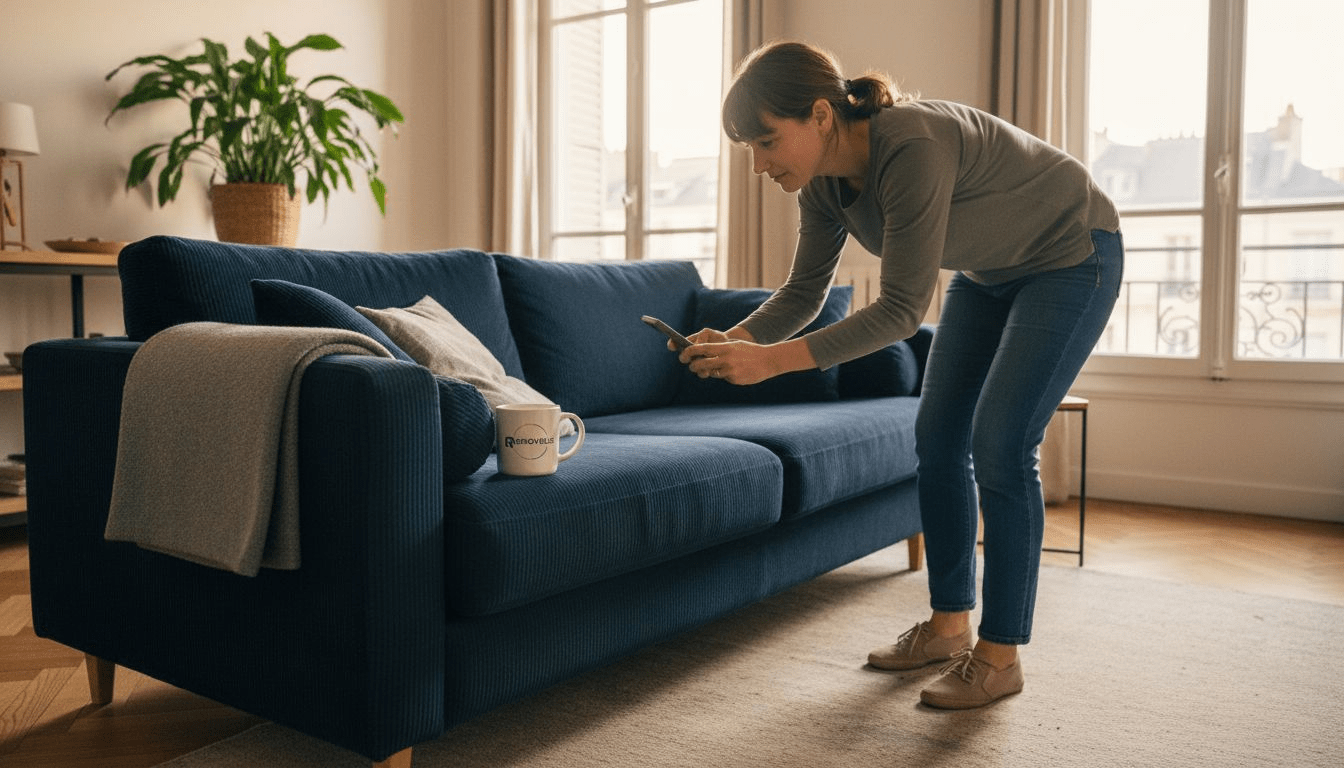 Une femme prend en photo son canapé en velours côtelé pour envoyer au service après-vente.