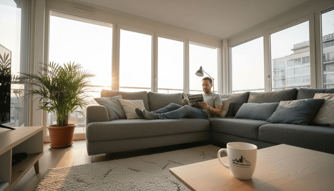 Un salon baigné de lumière avec un grand canapé d’angle, parfait pour un intérieur urbain moderne.