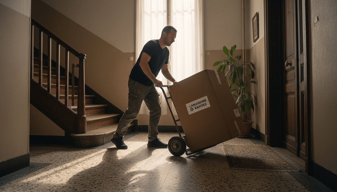 Un livreur manœuvre tant bien que mal un canapé réduit au strict minimum dans un étroit couloir d’immeuble parisien.