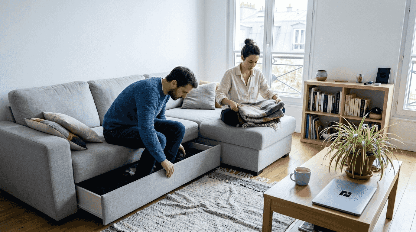 Un couple profite de inlineur confortablement installé sur un canapé d’angle convertible dans leur salon.