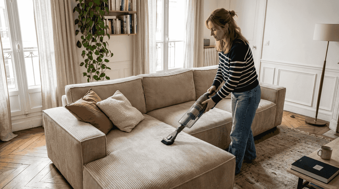 Joli canapé d’angle en velours côtelé beige, parfaitement entretenu, idéal pour illuminer un salon spacieux.