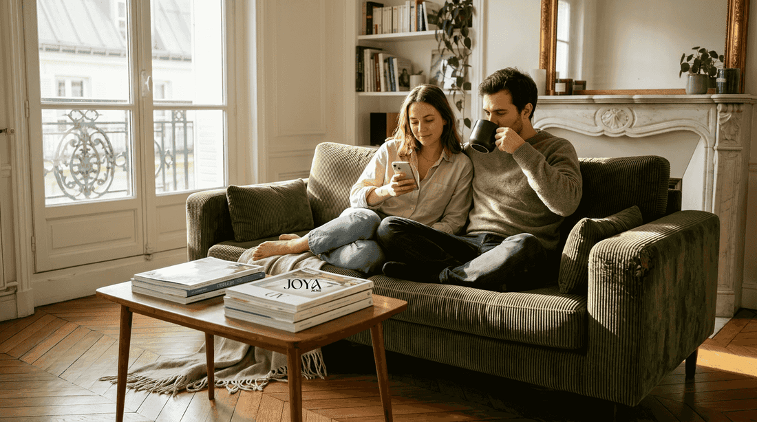 Un couple se détend confortablement sur un canapé en velours côtelé vert.