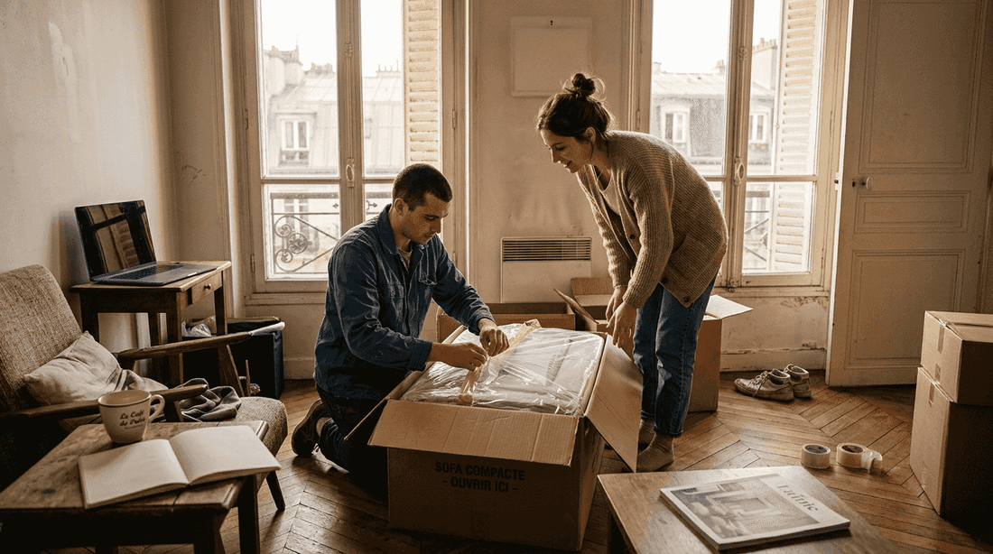 Un jeune couple déballe leur nouveau canapé compact dans leur petit appartement en ville, curieux de découvrir comment il va s’intégrer dans leur espace réduit.