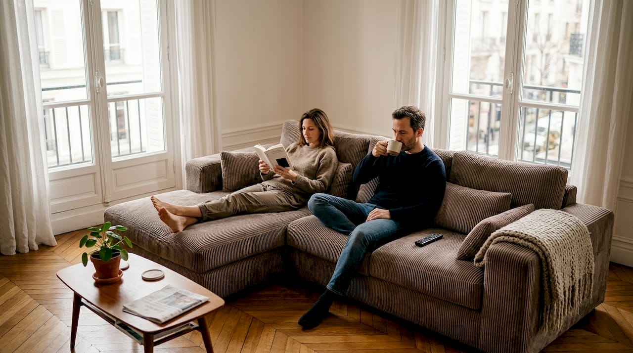 Un couple profite d’un moment de détente, confortablement installé dans l’angle douillet de leur canapé en velours côtelé.