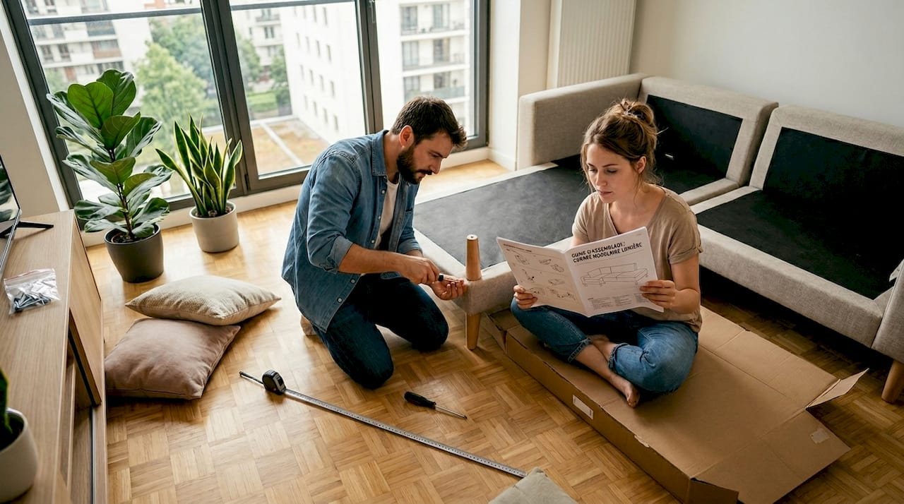 Un couple en pleine séance de montage de canapé dans leur salon moderne en ville.