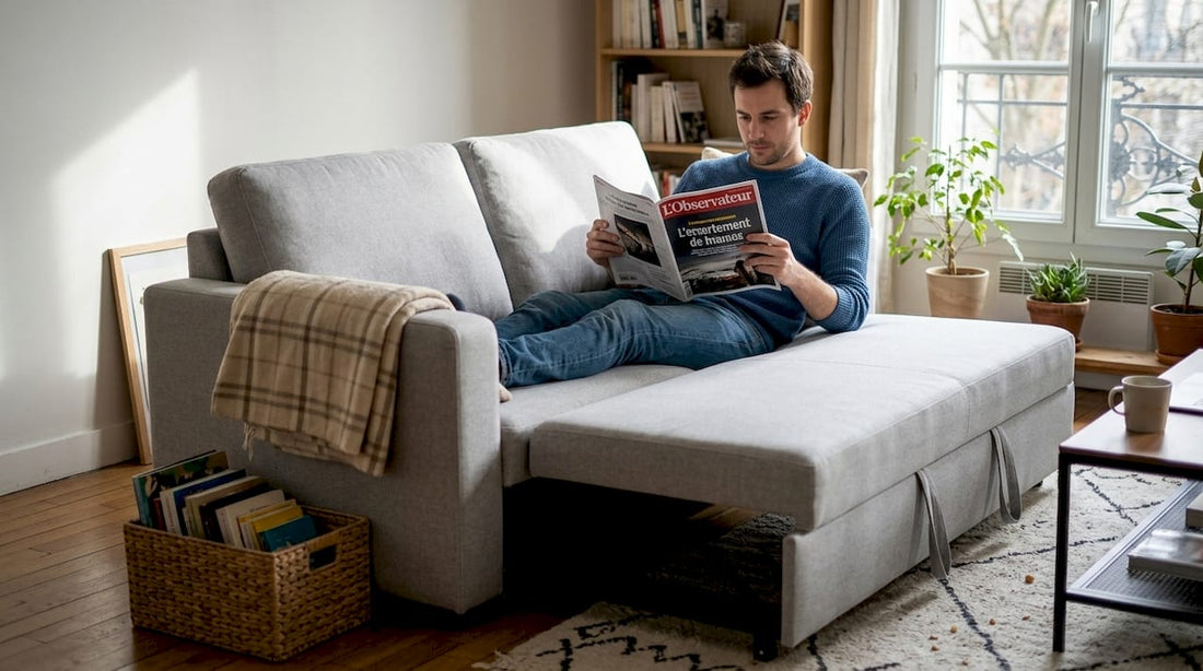 Canapé convertible installé dans un séjour baigné de lumière