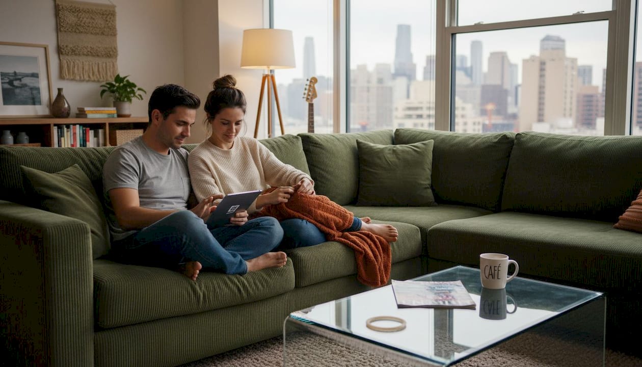 Un couple profite d’un moment de détente sur leur canapé côtelé, au cœur de leur appartement en ville.