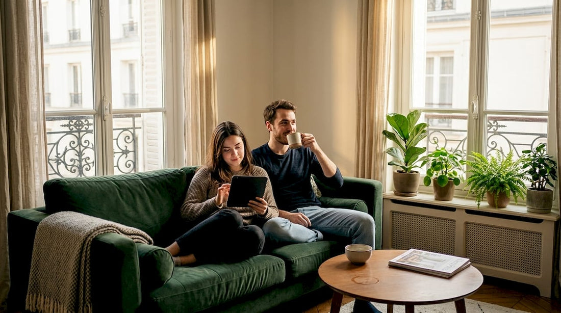 Un couple profite d’un moment de détente installé sur un canapé en velours, dans un appartement lumineux.