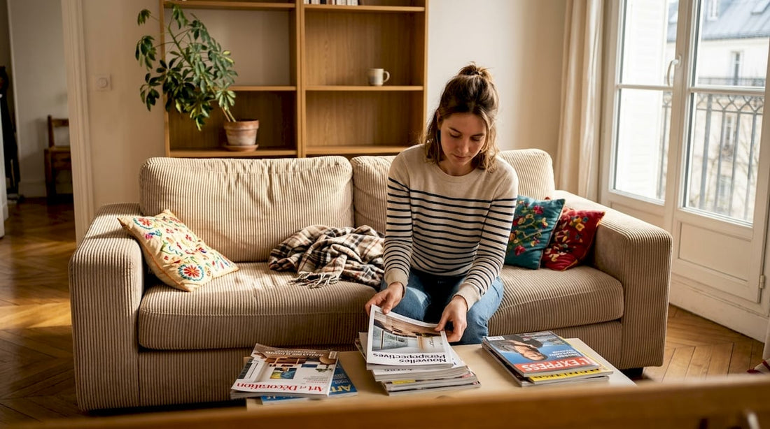 Un canapé en velours côtelé apporte une touche chaleureuse à un séjour baigné de lumière.