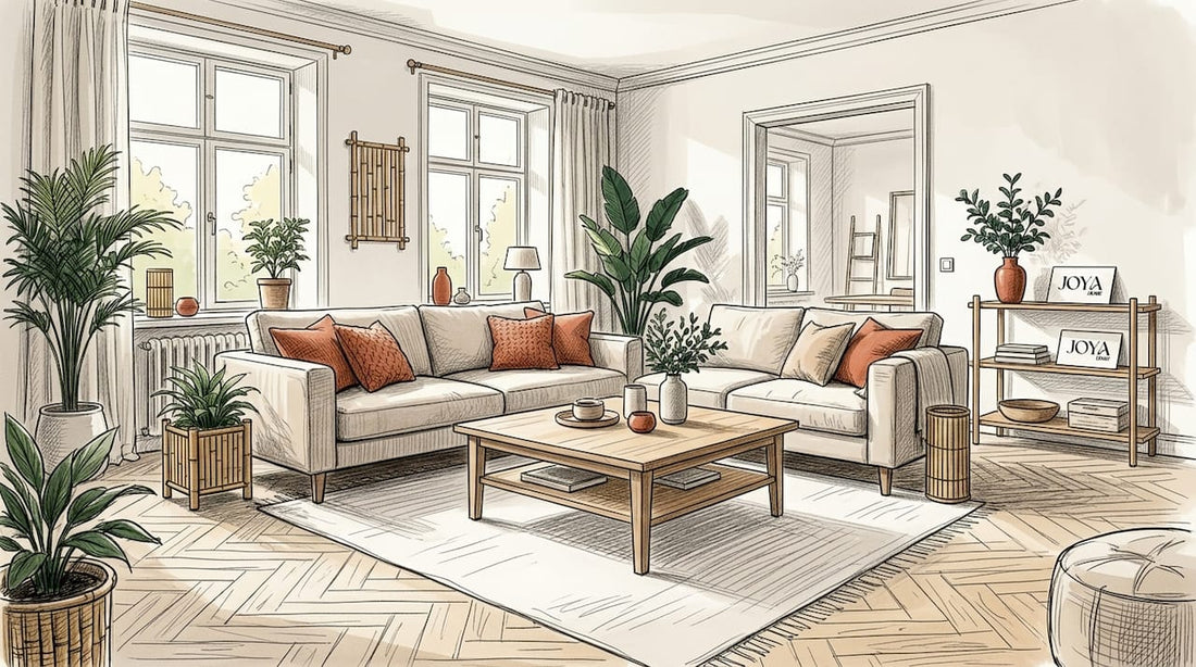 Un salon chaleureux, aménagé avec des meubles respectueux de l’environnement et baigné de lumière naturelle.