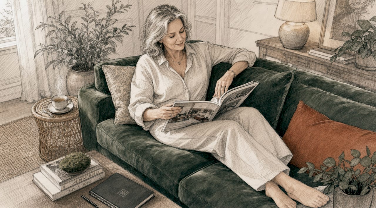 Une femme profite d’un moment de détente dans un salon chaleureux, à la décoration naturelle.