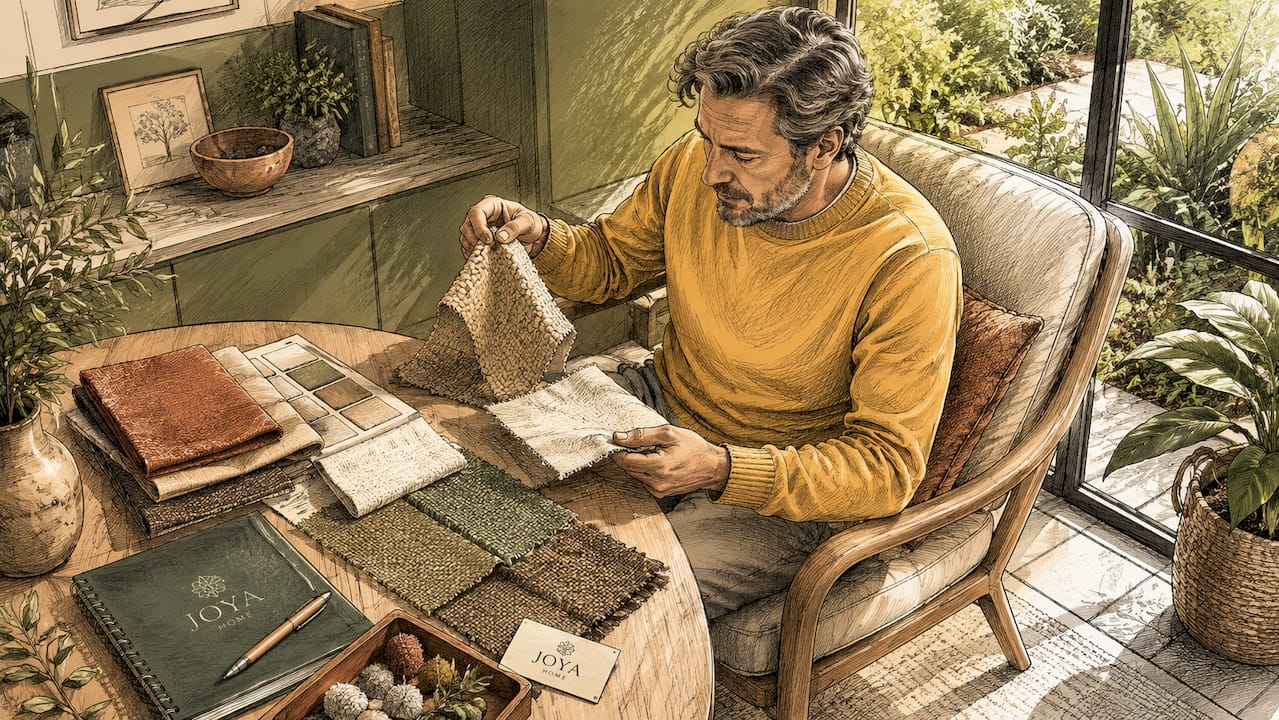 Un homme observe attentivement des échantillons de tissus naturels dans un salon au style contemporain.
